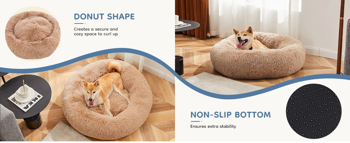 I YAN calming dog bed for medium to large dogs, round plush faux fur, washable, anti-slip, soft and fluffy pet bed.