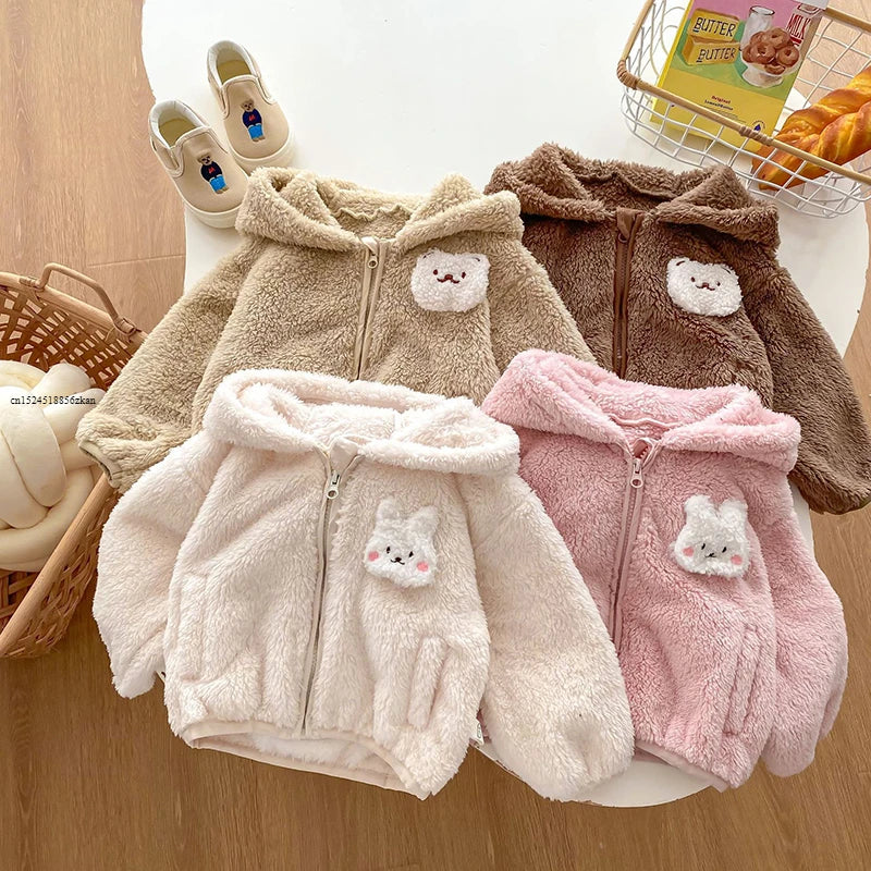 Plush Baby Girls Boys Jacket Spring Autumn Keep Warm Zipper Hooded Outerwear Cute Rabbit Bear Infant Coat 0-5 Years Kids Clothes
