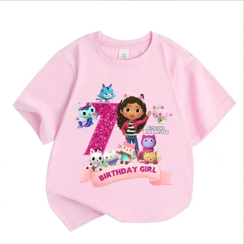 Gabbys Dollhouses Birthday Number T-shirt Girls White Pink Short Sleeve T-shirts Tops Cotton Summer Casual Party Supplies Tee