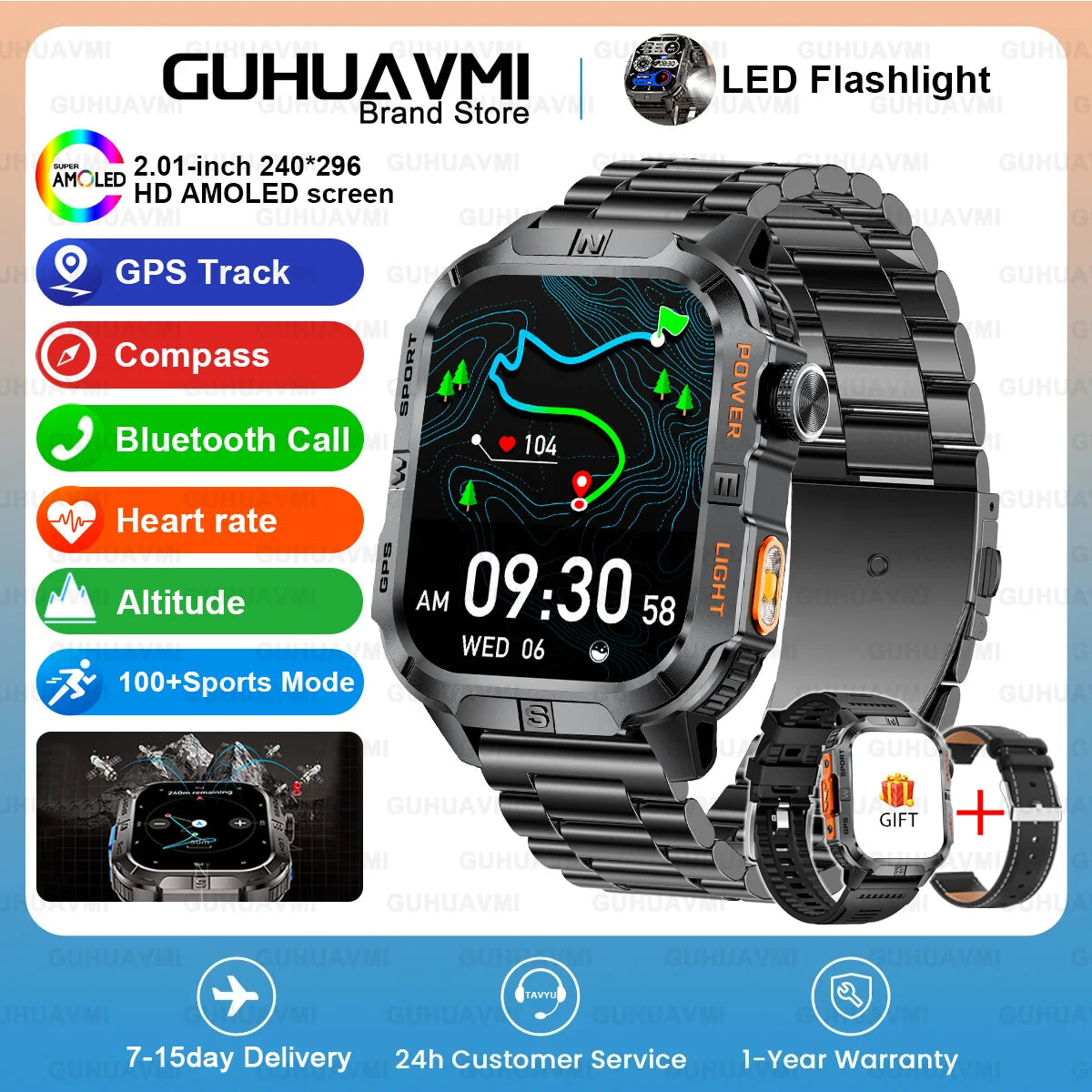 New Dual-Band Satellite GPS Smart Watch Men 2.01'' HD Screen Compass Military Flashlight Watches Waterproof Swim Smart Bracelet