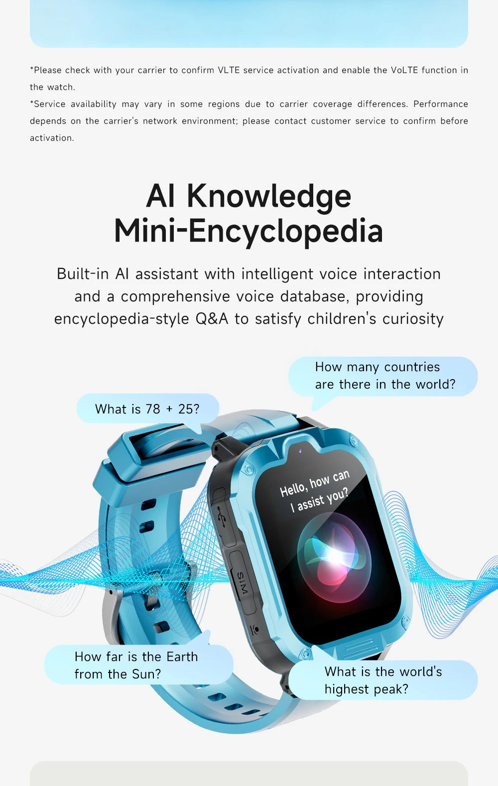 I YAN kids smartwatch with GPS, LBS, WiFi, video call feature, 800mAh battery, designed for children with a sleek watch face.