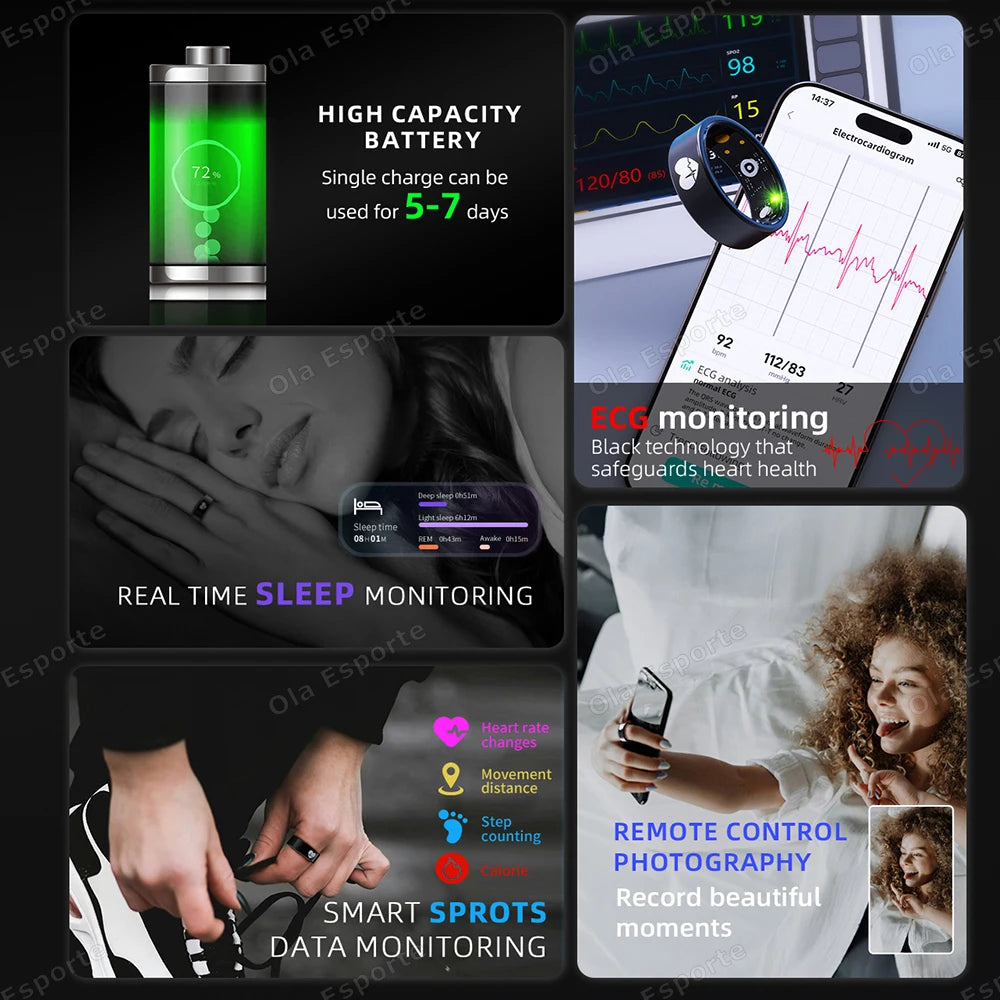 New Smart Ring ECG Detection Blood Pressure,Heart Rate Ring,Body Temperature Monitor Waterproof GPS Tracking Men Women Ring