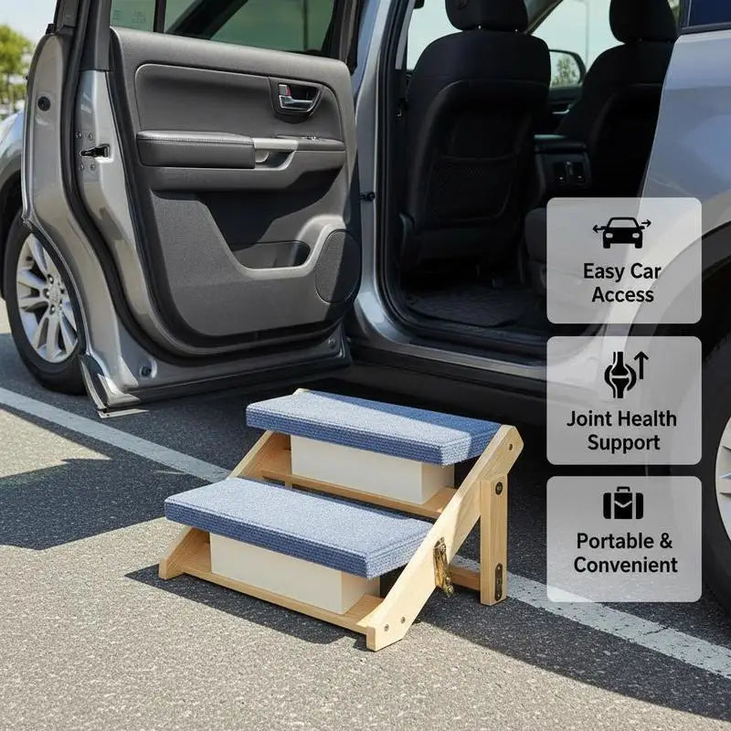 I YAN wood 2-step pet stairs for beds, sofas, and cars, foldable, sturdy, supports 110lbs, suitable for cats, dogs, and older pets.