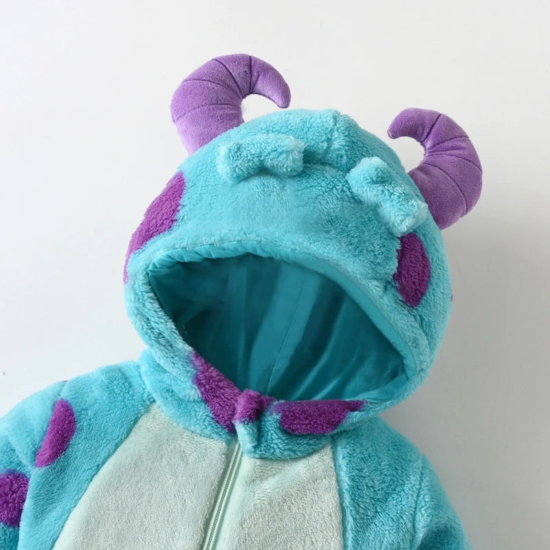 1-5years Kids Infant Fleece Jumpsuit Pajamas Cartoon Monster Horn Hooded Warm Thicken Winter Rompers Snowsuit For Girls And Boys