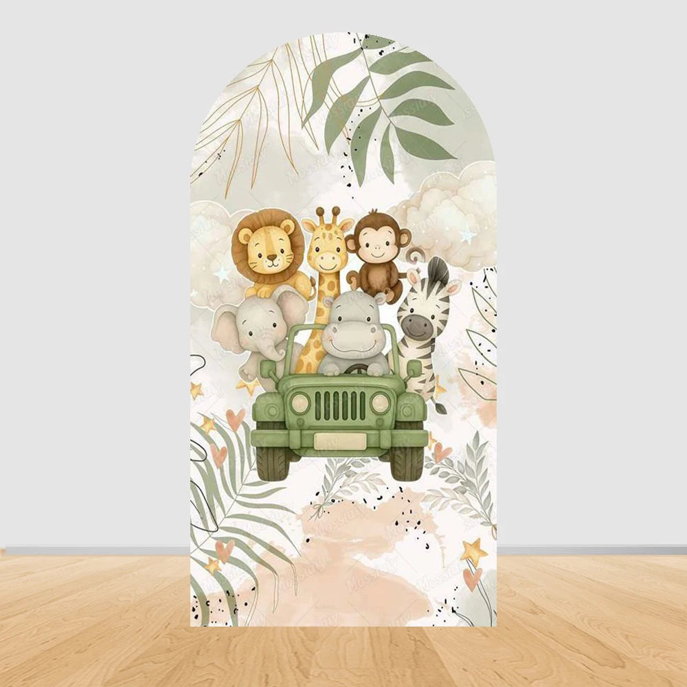 Jungle Animals Party Wild One Baby Shower Arch Cover Backdrop for Boy Birthday Cartoon Animal Truck Background Wall Decoration