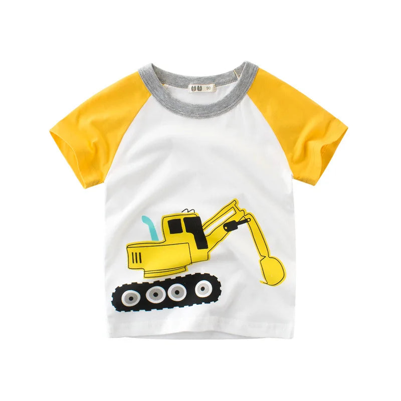 Children's short sleeve cotton T-shirt by I YAN featuring a colorful cartoon design for boys aged 2-9 years.