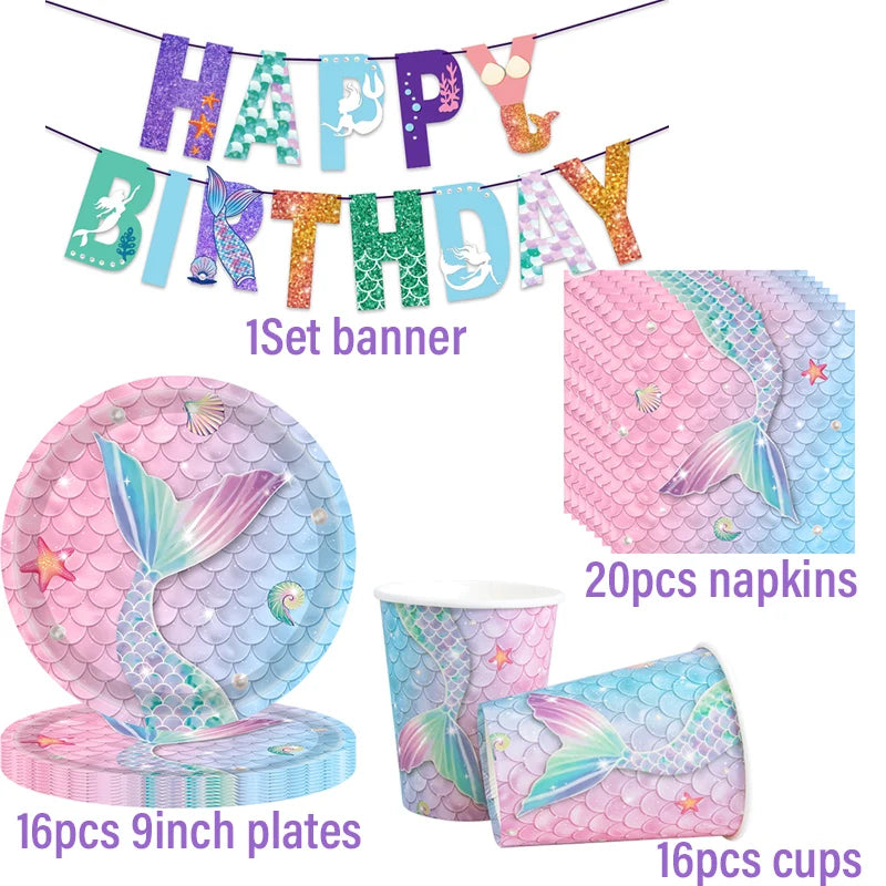 Mermaid Themed Party Disposable Tableware Little Mermaid Tail Paper Plates Cups Napkins Banner Birthday Party Decoration Supplie