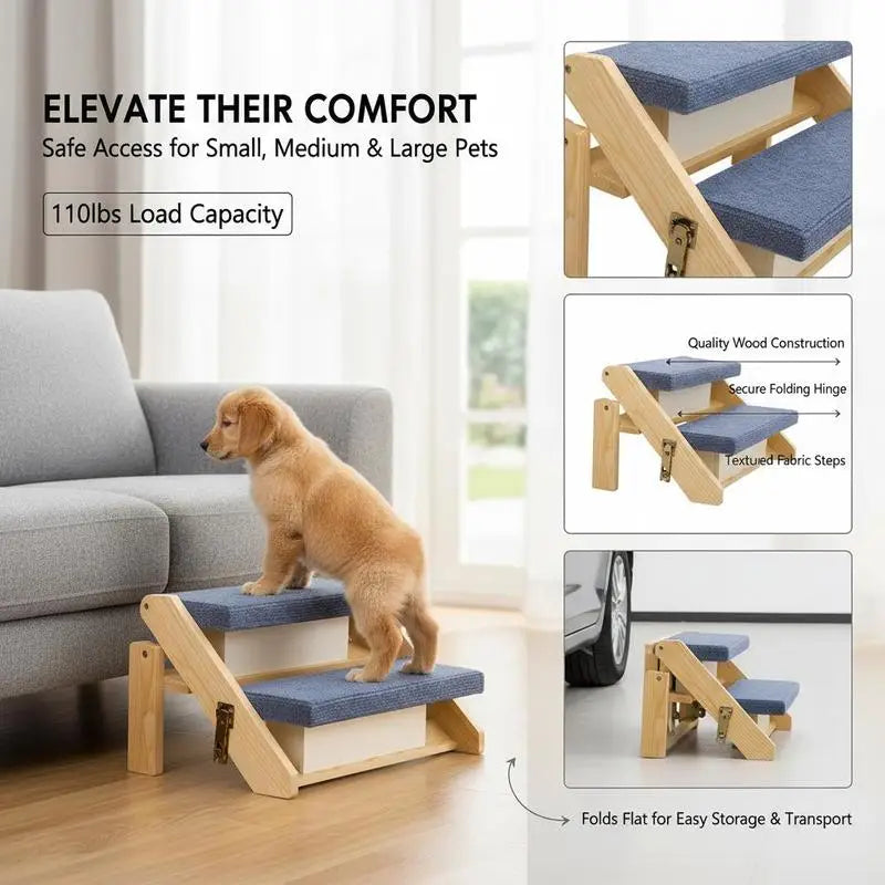 I YAN wood 2-step pet stairs for cats and dogs, foldable, sturdy, supports up to 110lbs, ideal for beds, sofas, and cars.