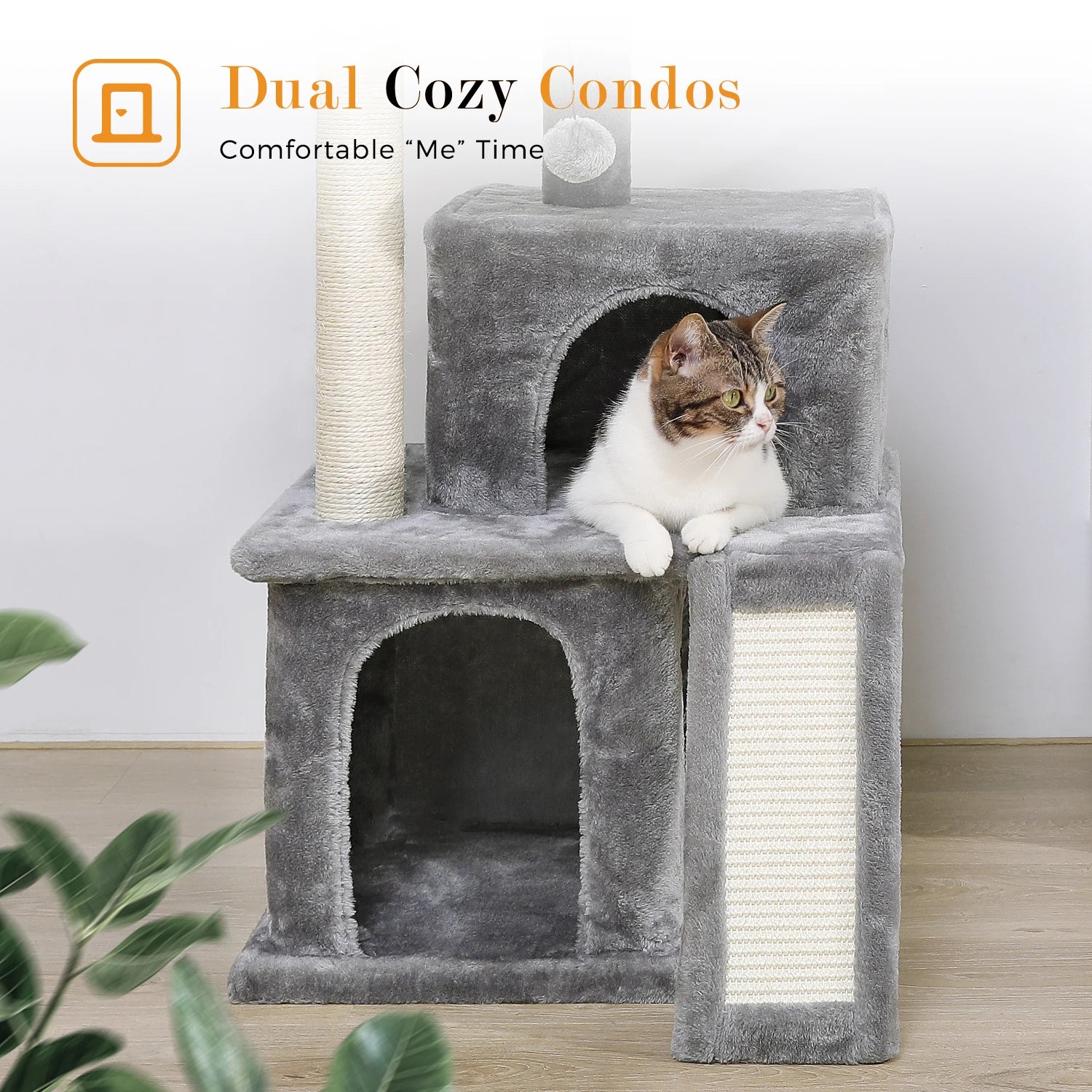 Cat Tree Multilevel Cat Tower with Double Condos, Spacious Perch, Fully Wrapped Scratching Sisal Post and Replaceable Balls