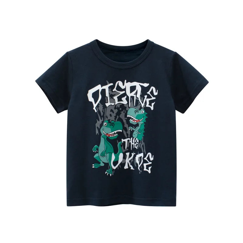 I YAN OLEKID 2025 summer boys' T-shirt featuring colorful cartoon print, short sleeves, suitable for ages 2-8 years.