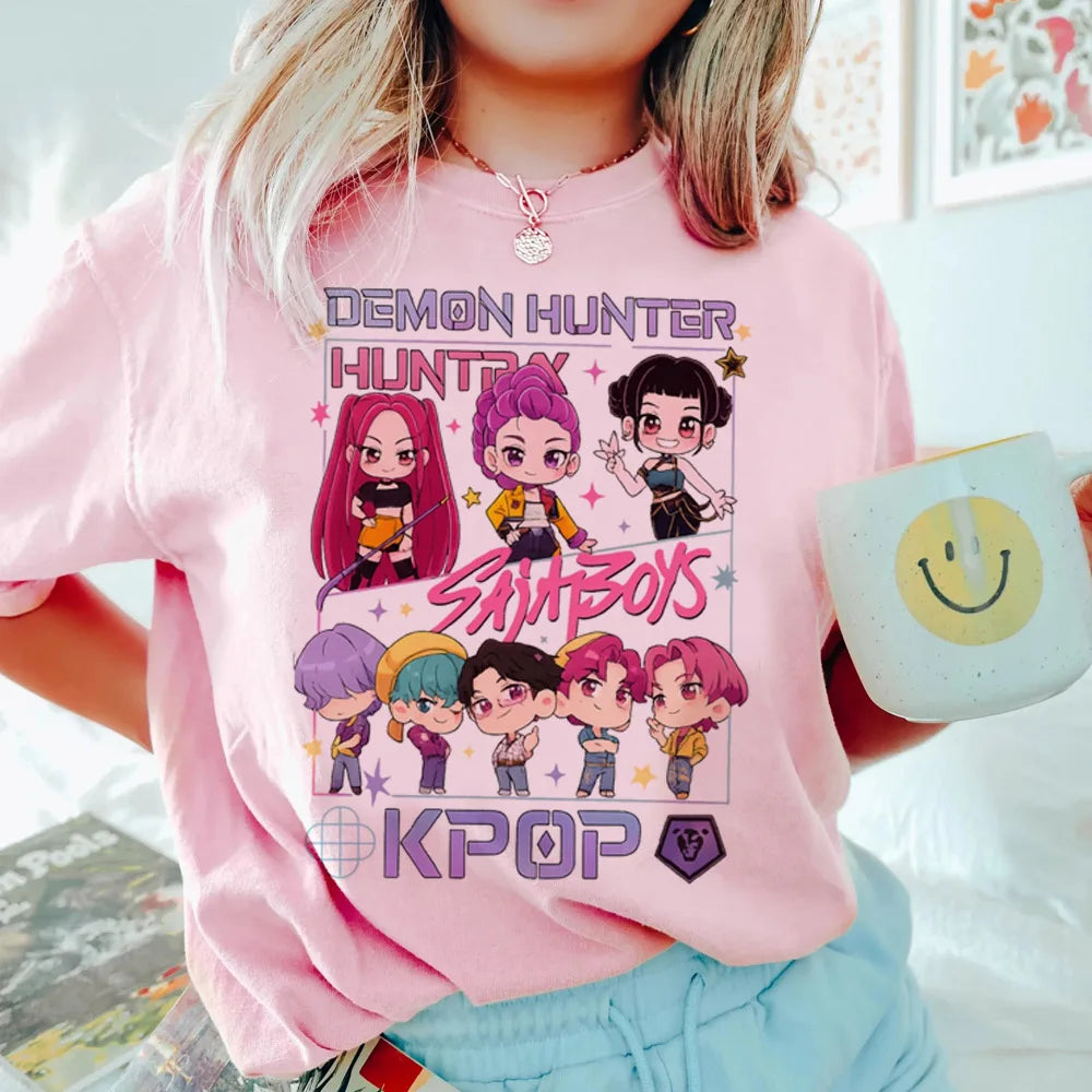 Anime KPop Demon Hunters T-shirt Tops for Children Casual Loose Girl Boy Clothing Round Neck Short Sleeve Street Style T-shirts