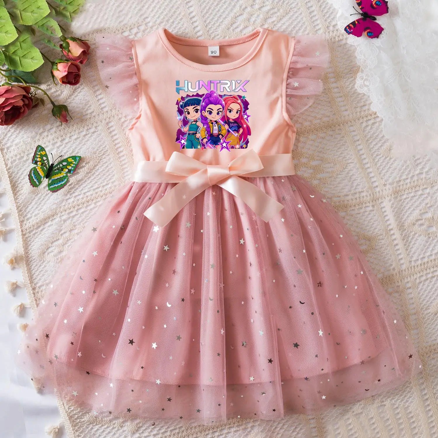 K-Pop Hunters Zoey Rumi Girls Sequin Tutu Dress with Bow Flutter Sleeves Summer Princess Party Outfit for Toddler Kids 2-6 Years