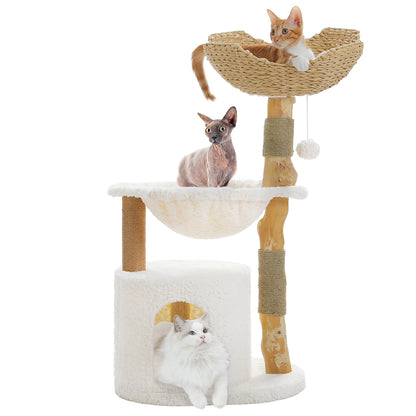 Modern I YAN cat tree with natural wood, large wicker basket, spacious condo, deep hammock, and cozy cat house bed for indoor cats.