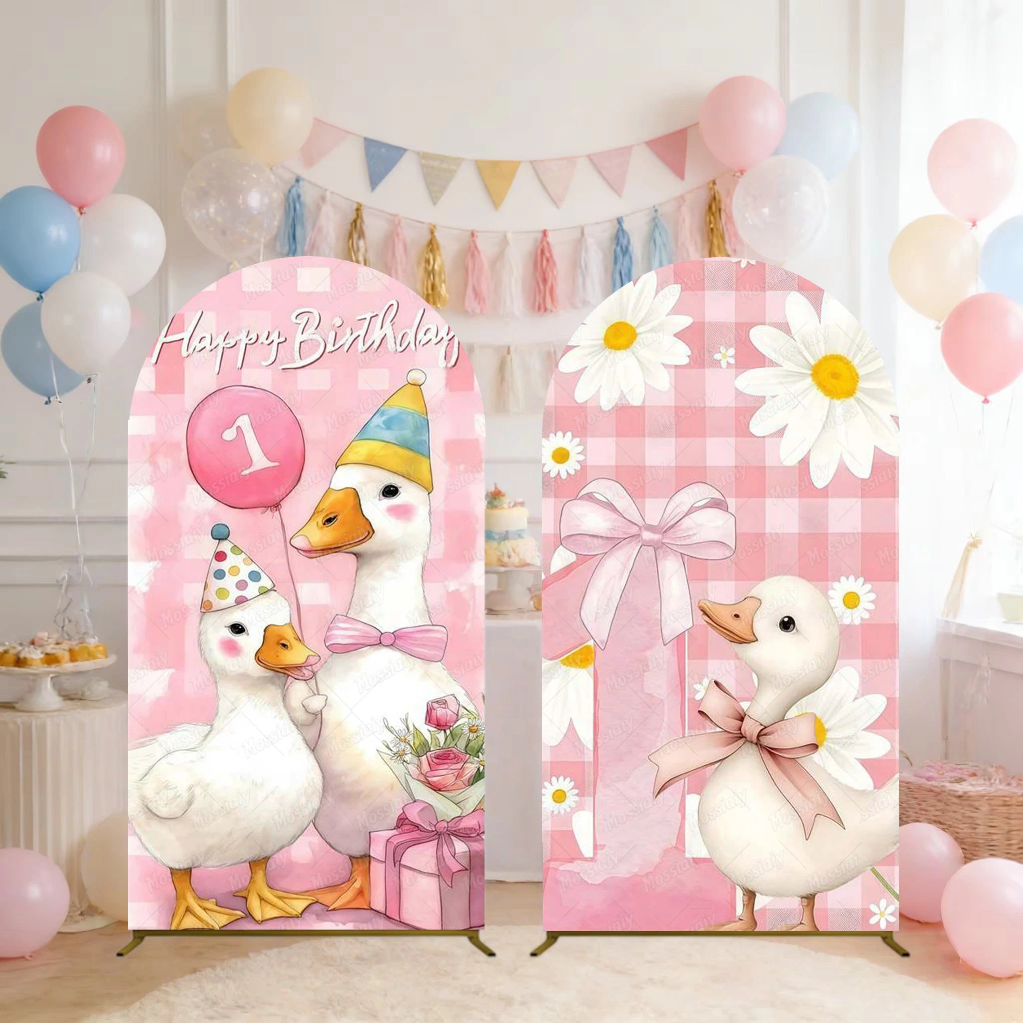 Cartoon Big White Goose Pink Bow Arch Cover Backdrop Children Baby 1st Birthday Party Baby Shower Decor Background Double-Sided