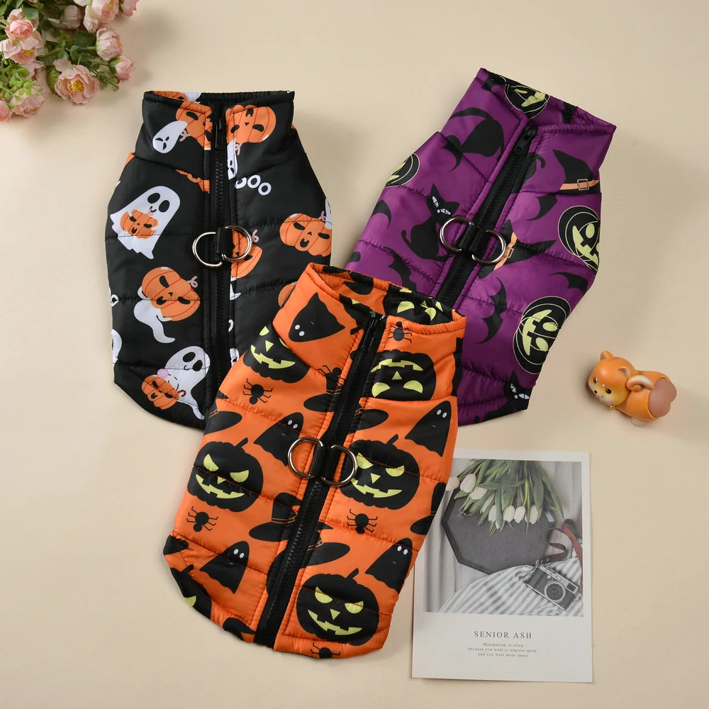 Halloween Pet Dog Costume Winter Warm Clothes For Small Medium Dogs Cat Funny Pumpkin Print Jacket Puppy Vest Coat Festival Gift