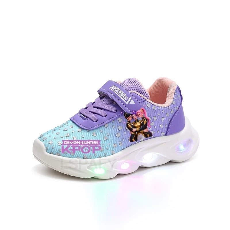 Kpop Demon Hunter LED Light Up Shoes 2026 Spring Autumn Mesh Soft Sole Cartoon Sneakers for Baby Girls Toddlers