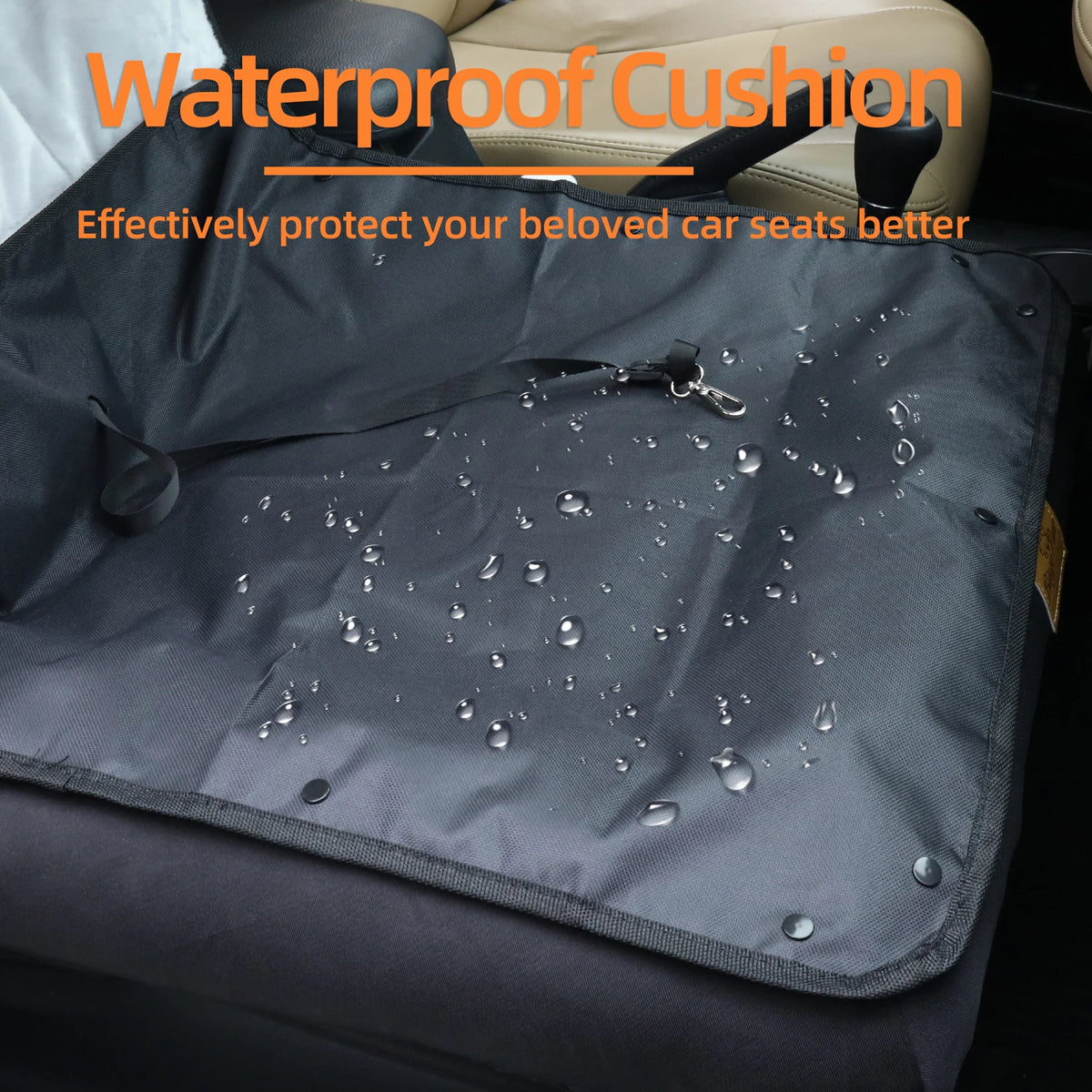 Waterproof dog car seat bed by I YAN with removable pad cover, safety belt, available in 3 sizes, shown with cushioned interior.