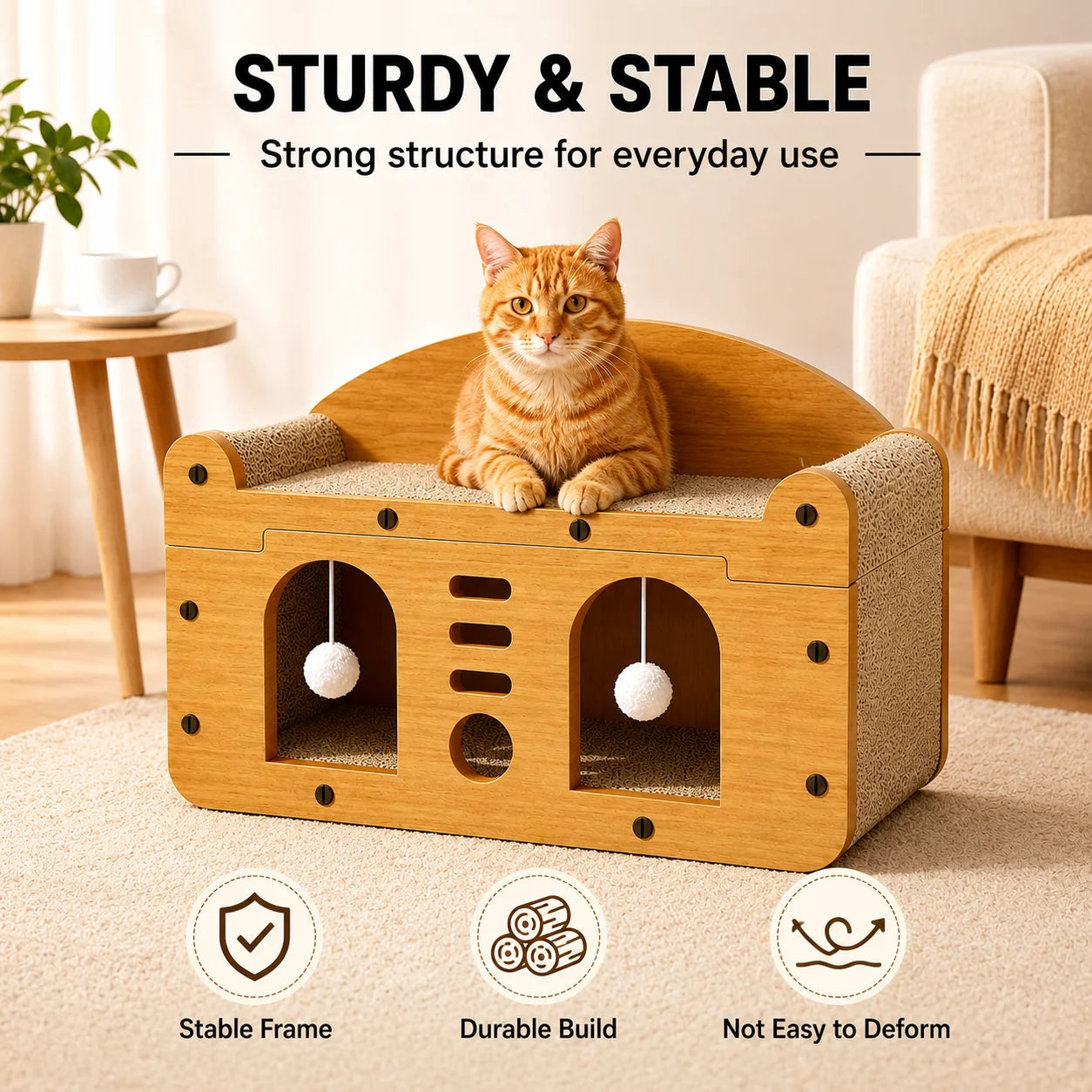 Double Door Cat Scratcher Sofa House 56cm, Wooden Cat Furniture with Hideout, Corrugated Scratching Bed for Indoor Cats