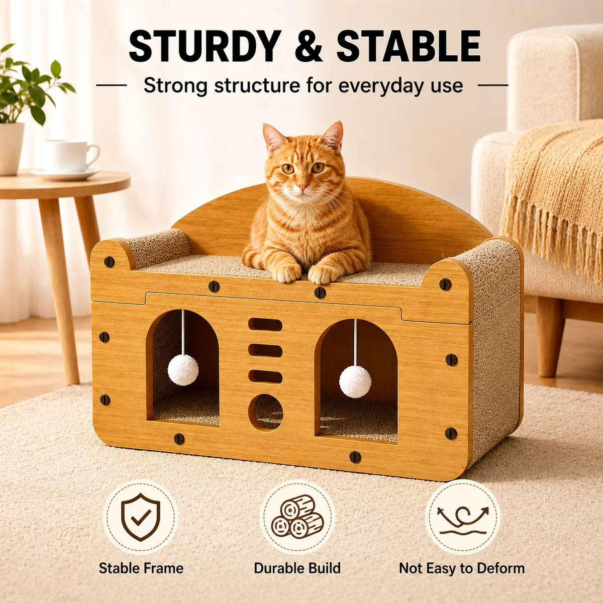 Wooden double door cat scratcher sofa house with hideout, I YAN indoor cat furniture, 56cm corrugated scratching bed