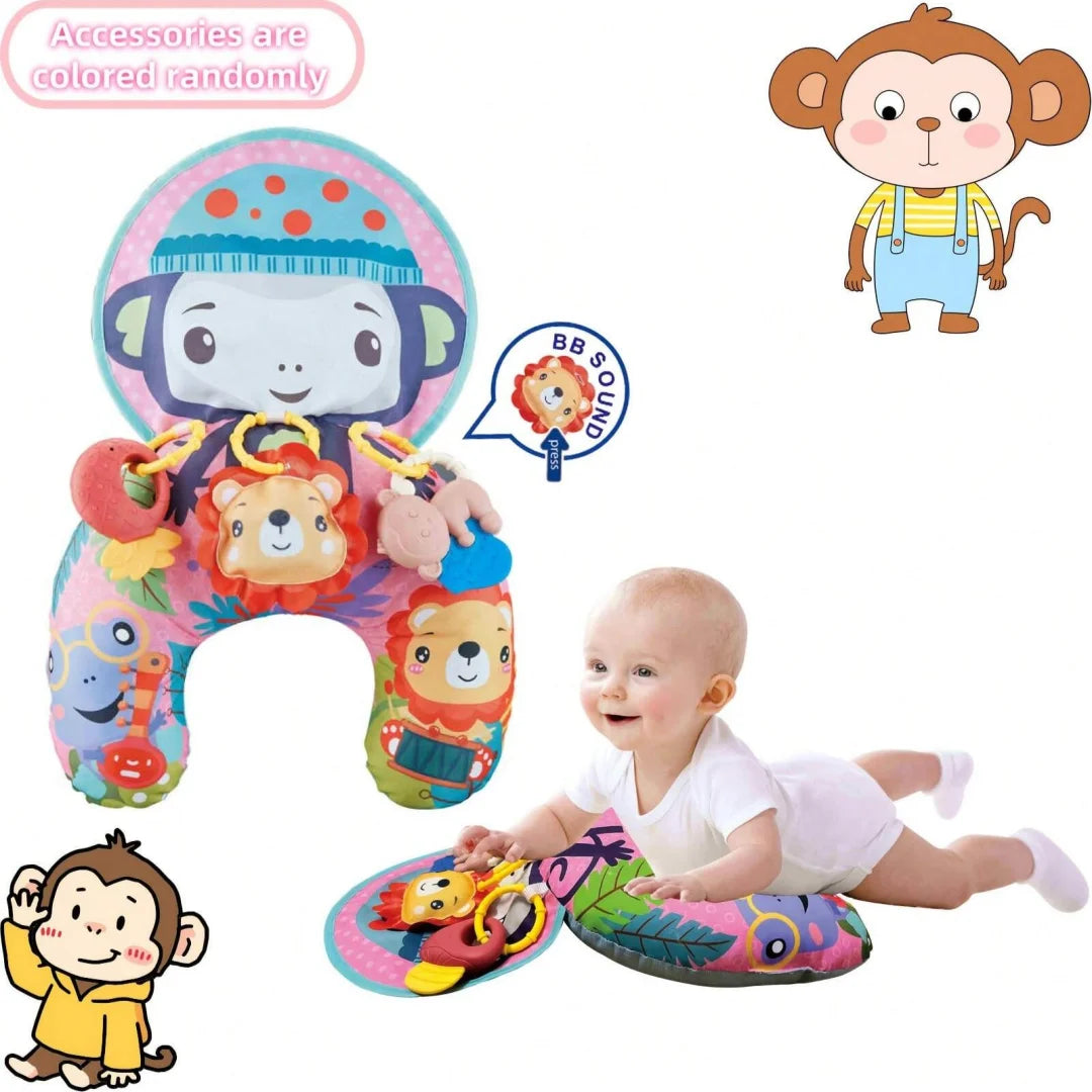 Colorful baby tummy time pillow with rattle toys and cartoon animal designs, multifunctional crawling mat and play gym for infants.