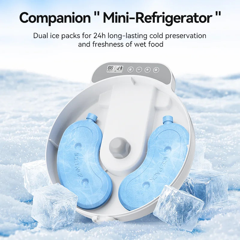 I YAN F26 automatic pet feeder with 4 meal compartments, dual ice packs, and 360-day battery life for pet feeding convenience.