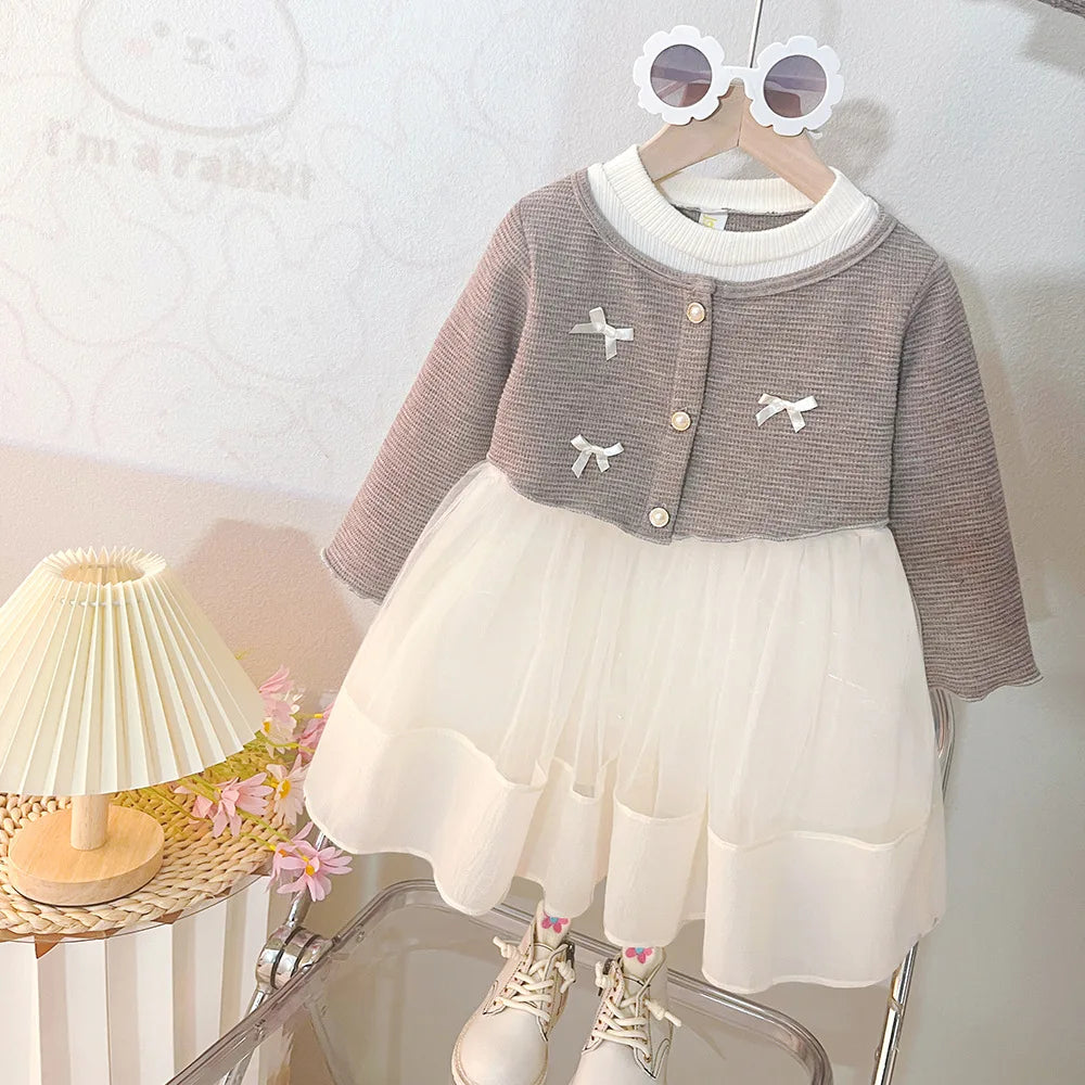 Spring And Autumn New Sweet Bow Baby Girl Dress, Princess Style Children'S Long Sleeved Clothes For Babies Aged 0-3 Years Old