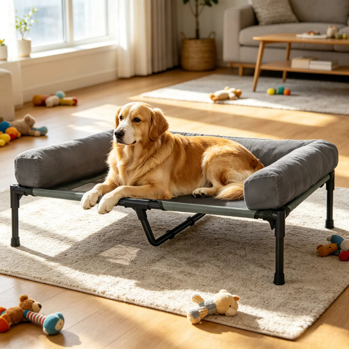 I YAN large outdoor indoor elevated dog bed with breathable mesh, detachable plush bolster, cooling raised cot for big dogs.