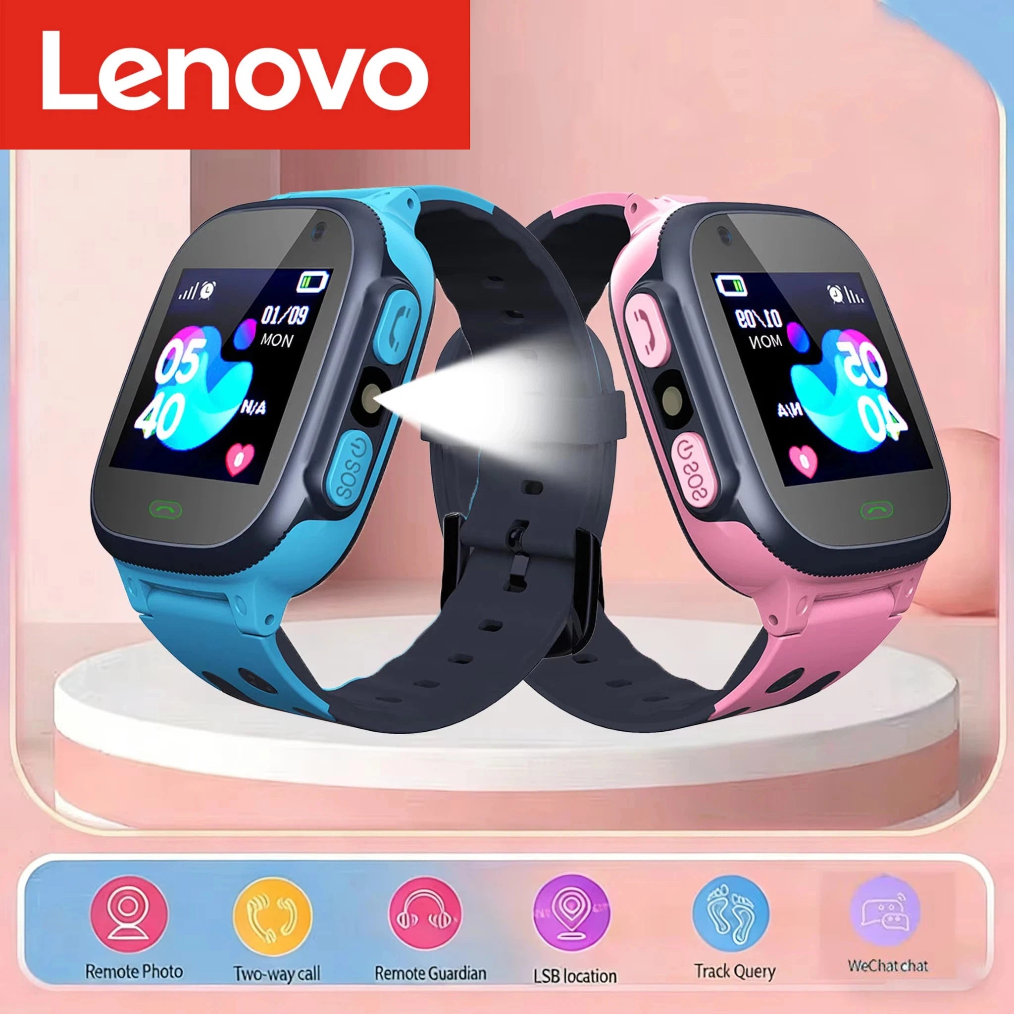 Lenovo Kids Smart Watch Men Women 1.44 Inch HD Screen SOS GPS LED Flashlight Two-Waycalling Mathematical Calculation Smartwatch