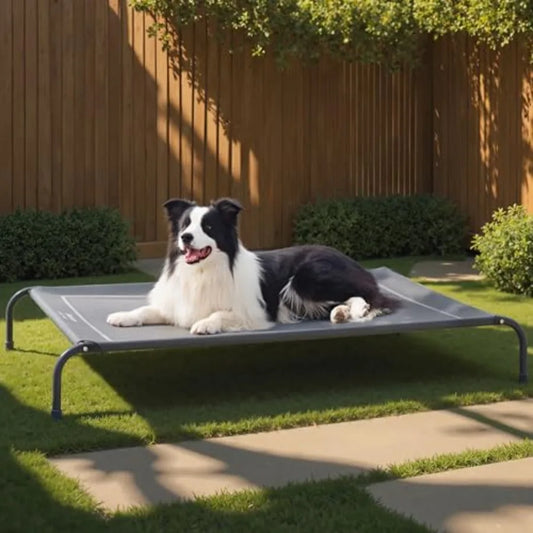 Large I YAN outdoor elevated cooling dog bed with breathable Teslin mesh, portable raised camping pet cot hammock, weather-resistant design.