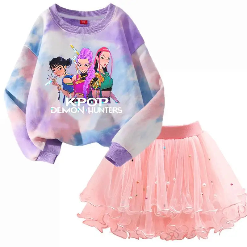 K-Pop Hunters Zoey Mira Rumi Children Sweaters Girls Tie-dye Sweatshirt Pink Pullovers Kids Tops Tulle Princess Dresses Suit
