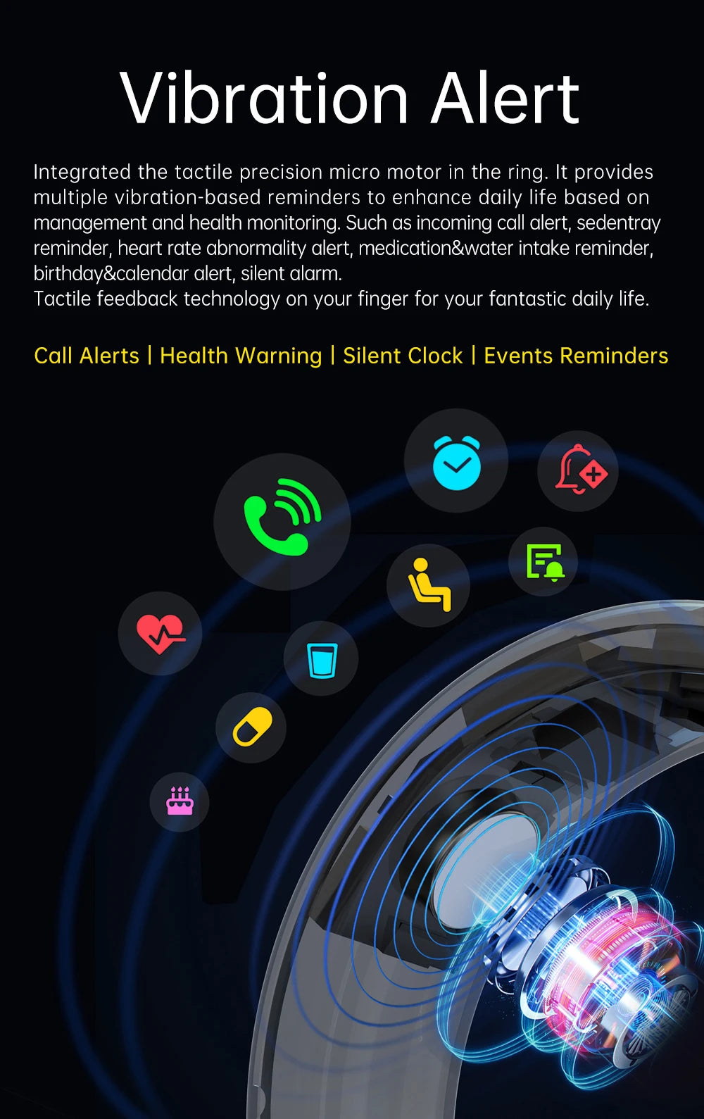 Smart Ring with Vibration Reminder, Call & Message Notification Ring, Silent Alerts, Health Tracking, Stress & Heart Rate