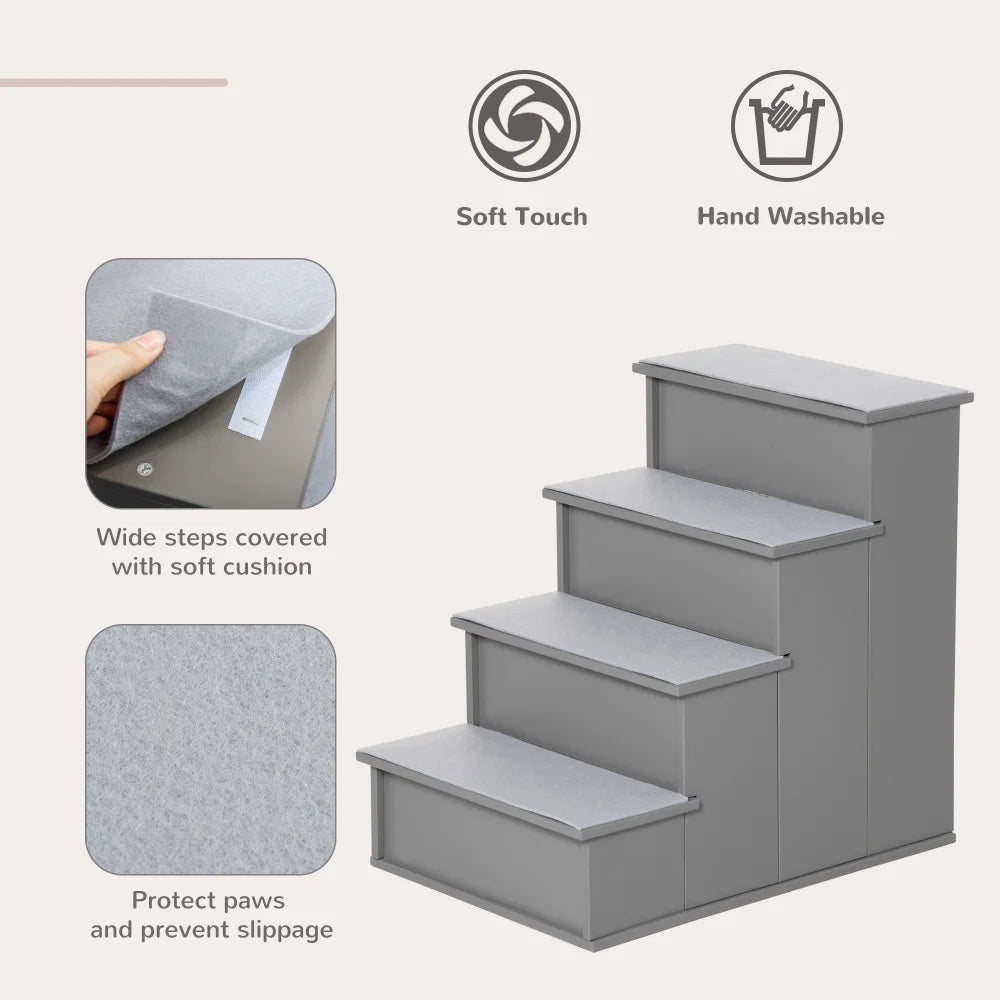 PawHut Pet Stairs, Small Steps with Cushioned Removable Cover for Dogs and Cats Up to 22 Lbs., Grey