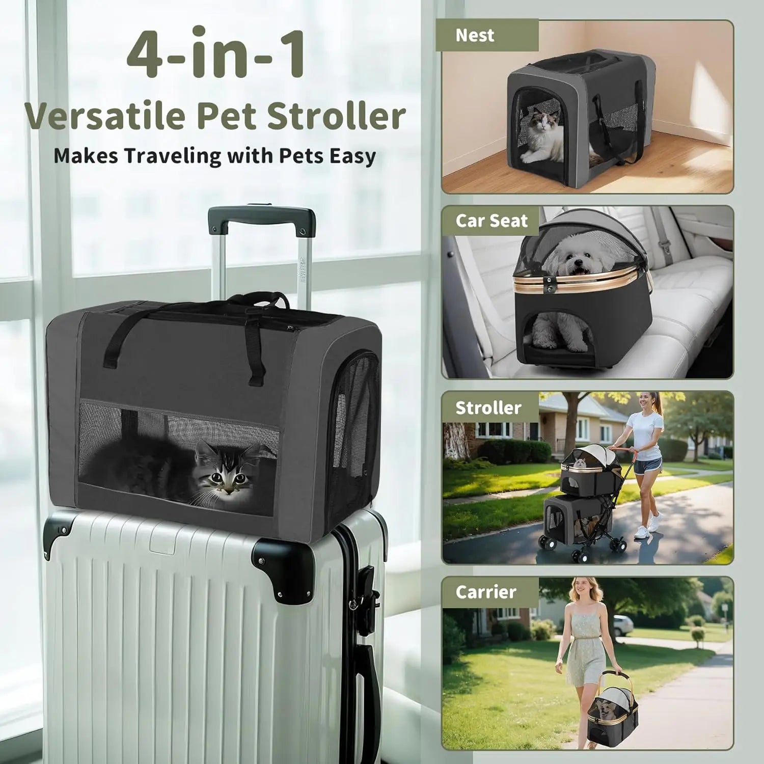 Double Pet Stroller for Dogs & Cats: Foldable Travel Carriage with Detachable Carriers, Safety Belts, 4 Lockable Wheels for Small to Medium Pets, Multi-Pet Home