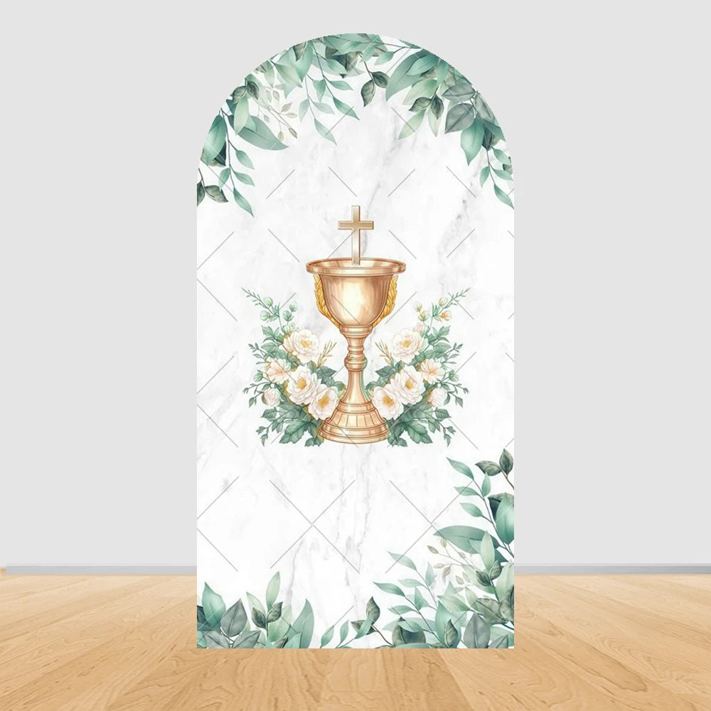 My First Communion Arch Backdrops Cover Flowers God Bless Holy Cross Dove Girl Boy Baptism Baby Shower Decor Arched Background