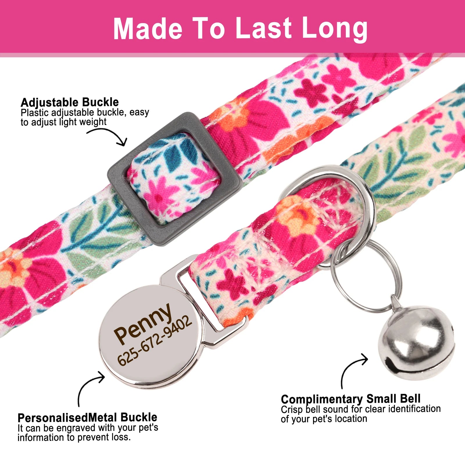 Cute Breakaway Personalized Kitten Cat Collar & Bell Safety Buckle Quick Release Custom Engraved Name ID Tag