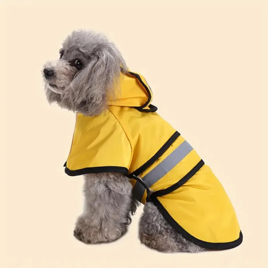 Adjustable waterproof and windproof dog raincoat by I YAN, showing a pet wearing a bright, snug raincoat for outdoor protection.