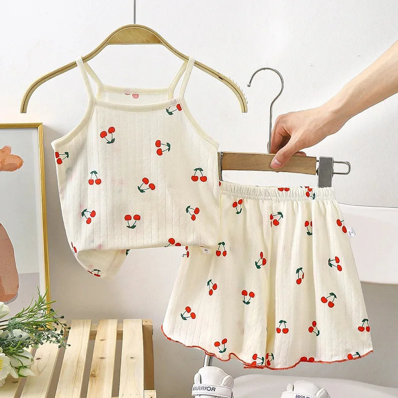 Toddler girl summer cotton strap suit with printed tops and shorts, infant boy tees and shorts set, I YAN baby clothes for warm weather