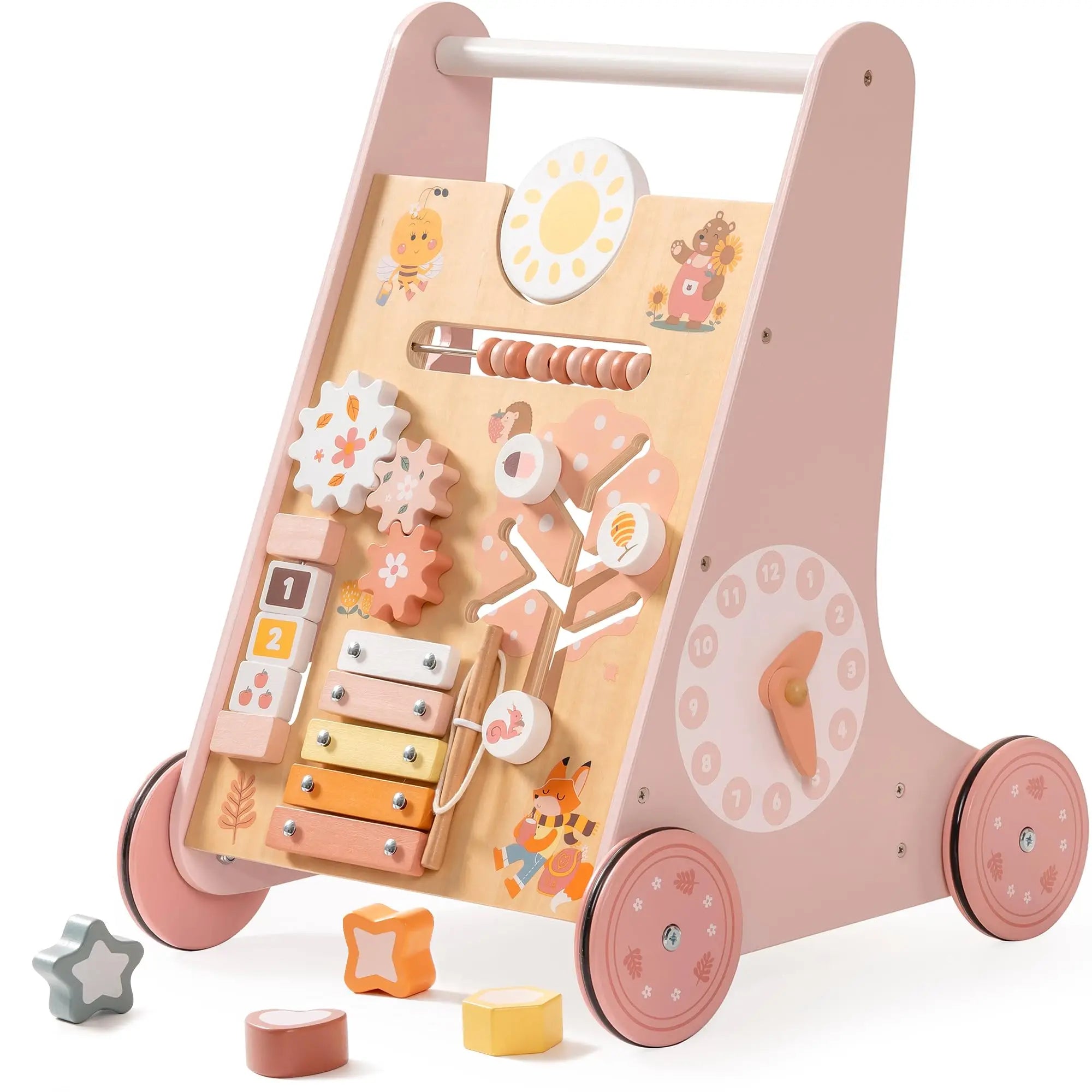 Robotime Robud wooden baby walker with activity center and storage, Montessori push toy for boys and girls