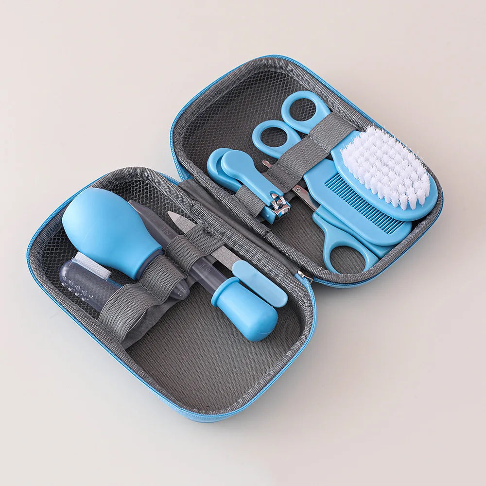 I YAN 8-piece baby healthcare and grooming kit with hairbrush, comb, nail clippers, scissors, toothbrush, and nasal aspirator for newborns.