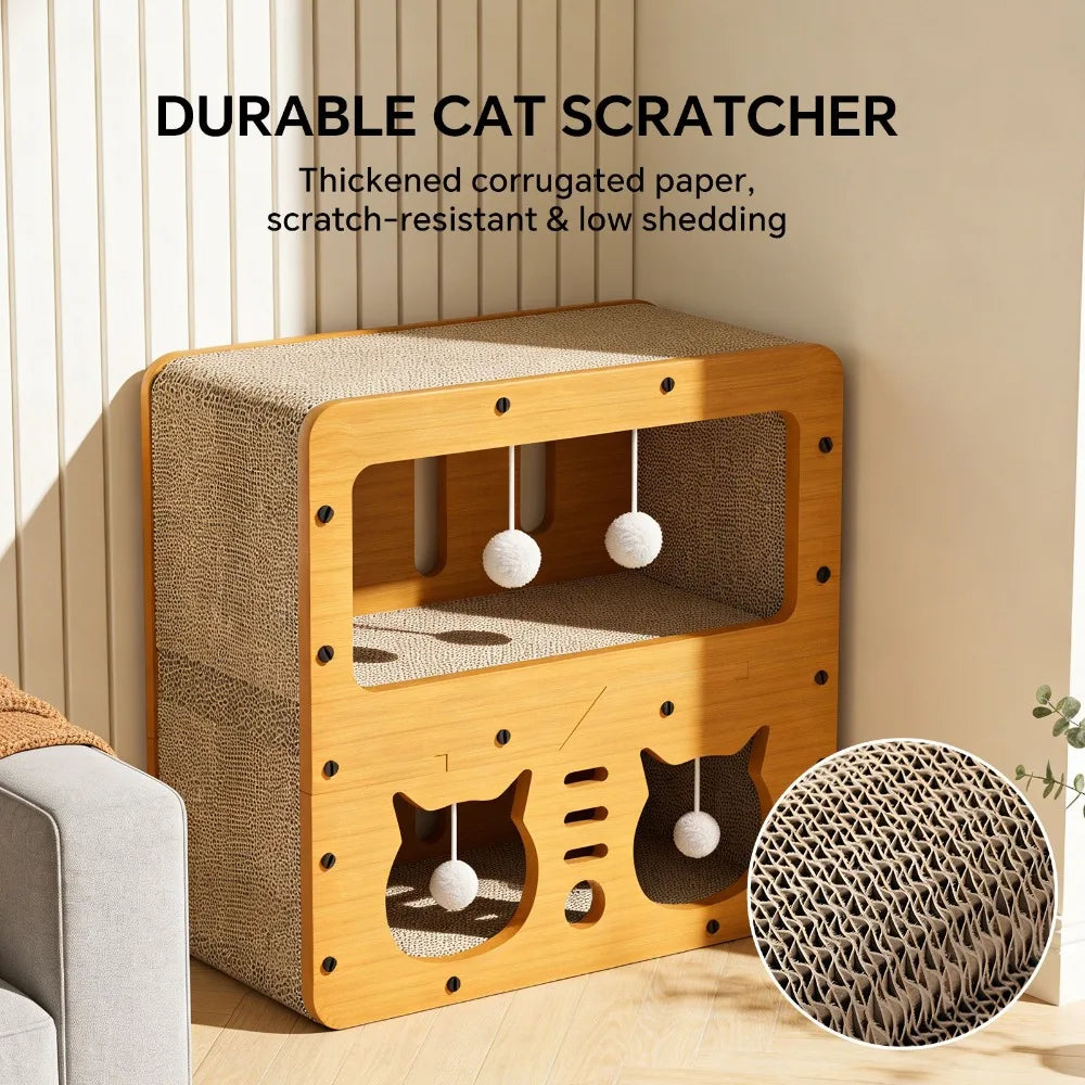 Two Story Multifunctional Cat House, Cat Bed, Cat Scratch Board, Indoor Cat Bed Cardboard Apartment with Lid, Cat Bed Furniture with Scratch Pads and Ball Games - Durable, Shed Free Cat Cardboard Bed, Perfect for Room Decorat