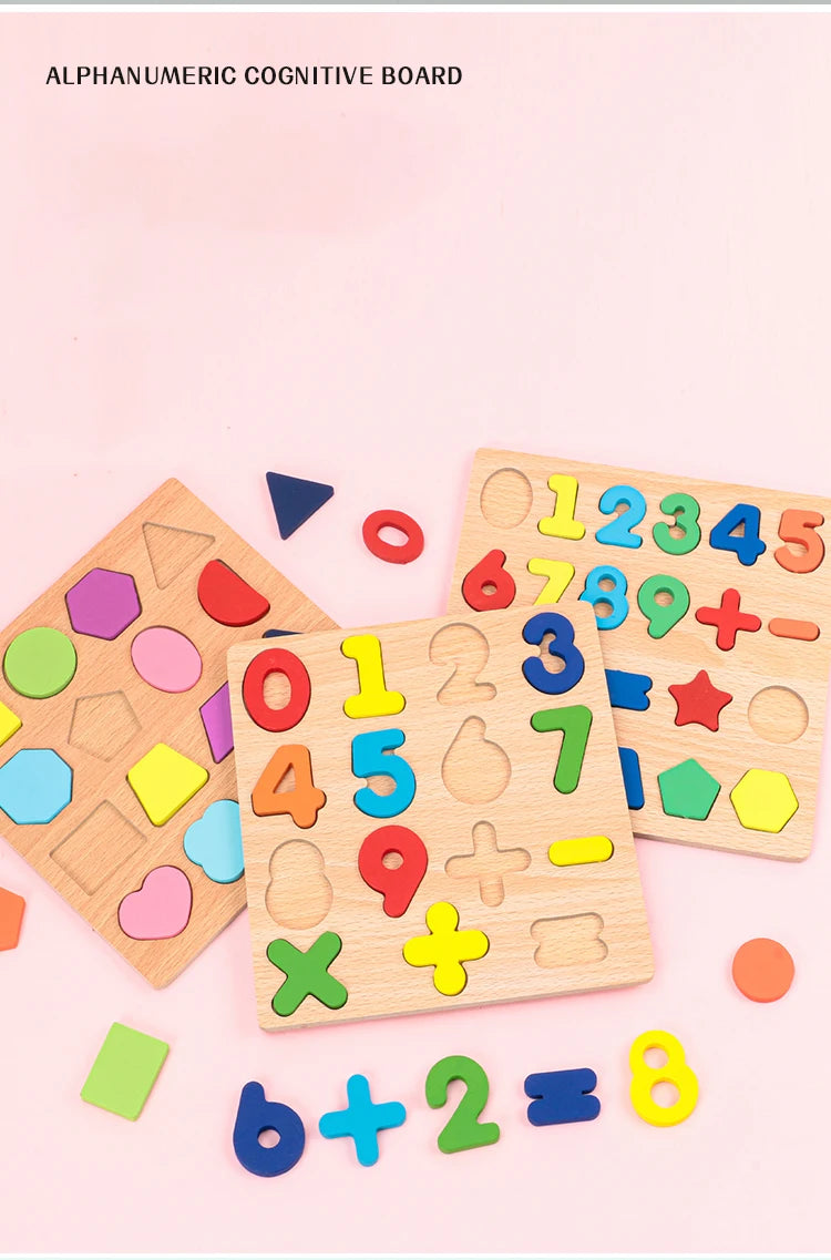 Wooden Montessori puzzle with colorful alphabet, numbers, and geometric shapes for kids learning and preschool educational play.
