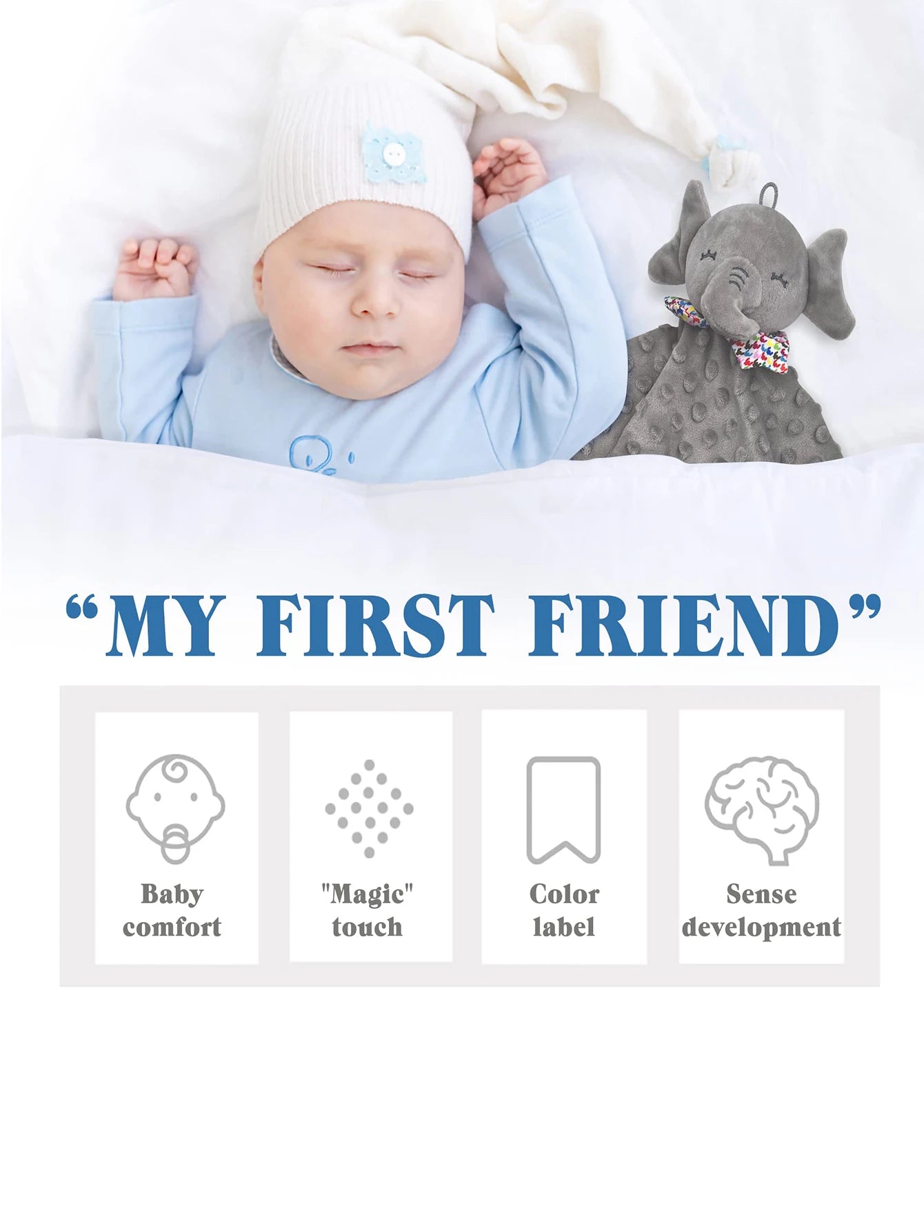 I YAN elephant baby comforter blanket with soft cuddle towel, baby rattle, and hanging toy animal for soothing and sleeping.