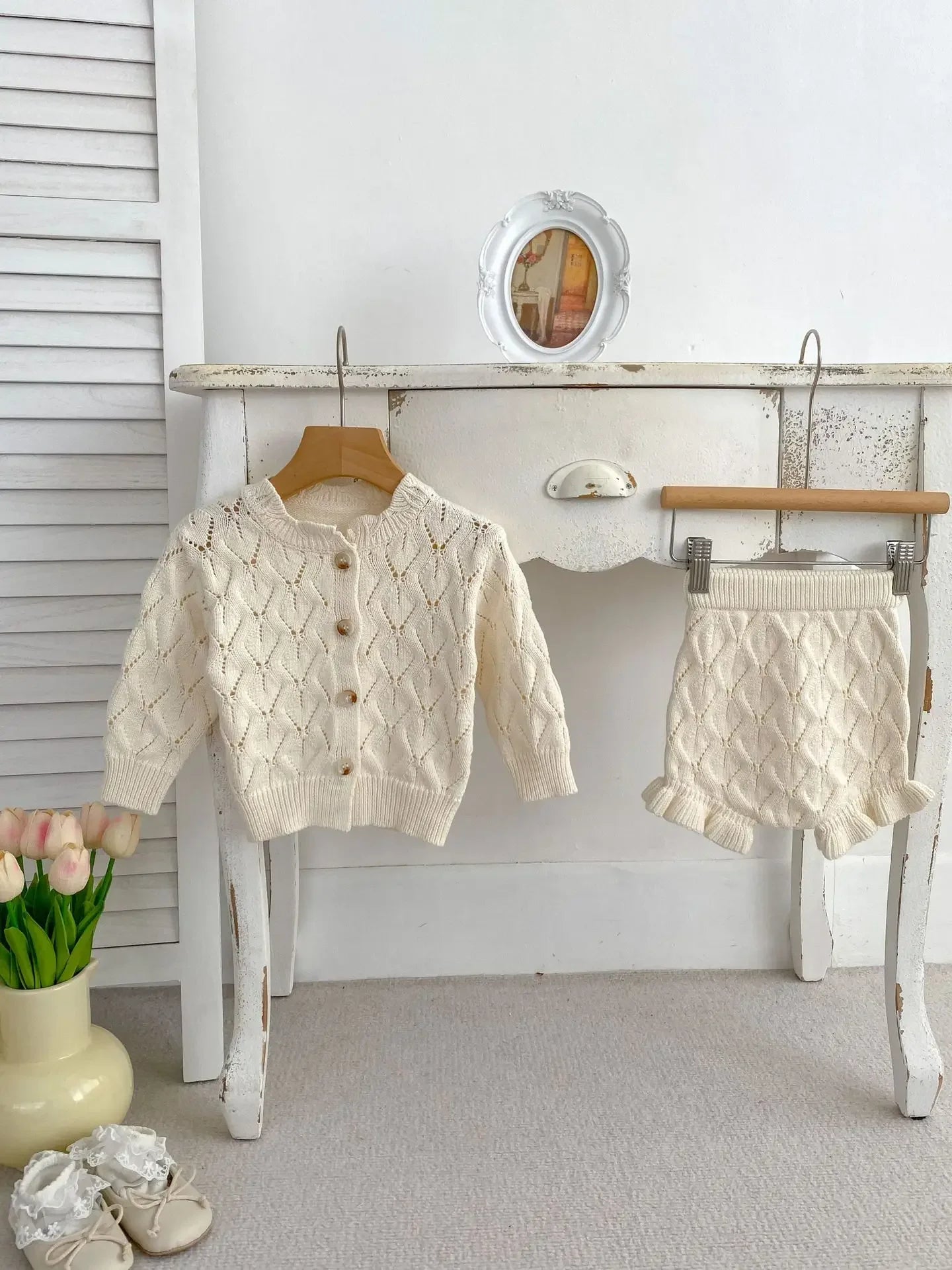 Baby Girl Knit Cardigan & Shorts Set – Hollow-Out Sweater 2-Piece Outfit - I YAN