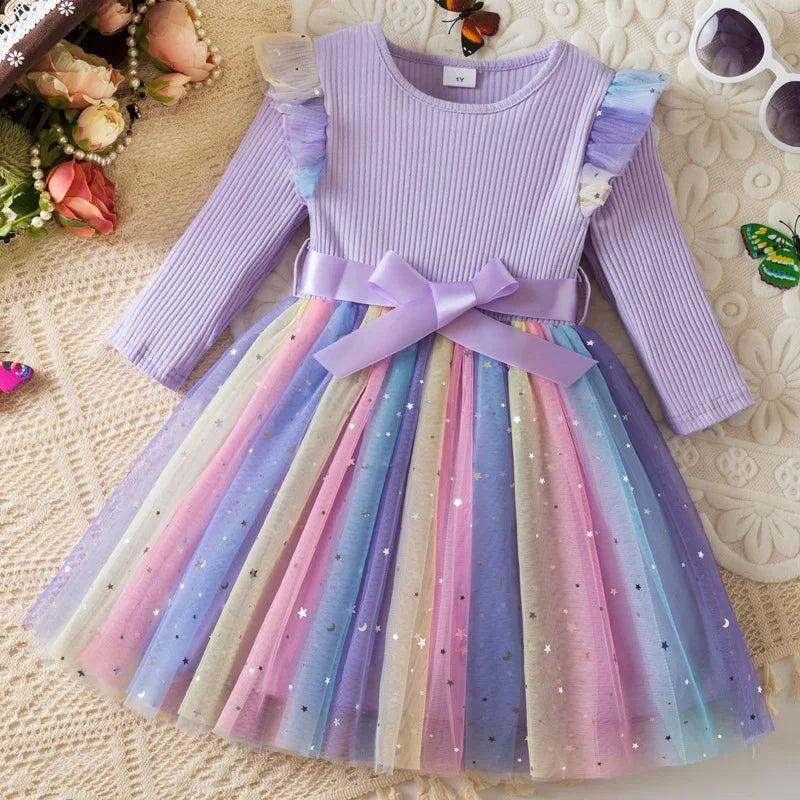 K-Pop Hunters Rainbow Princess Dress for Girls Sequin Birthday Party Mesh Dress for Baby Casual Long Sleeve Girls Dresses 1-5Y