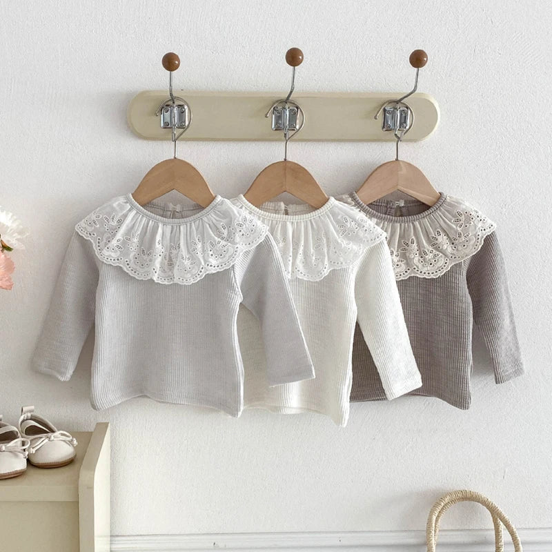2025 Korean Sweet Newborn Baby Undershirts Infant Solid Lace Collar Matching Bottoming T-shirt Toddler Girls Leisure Tops
