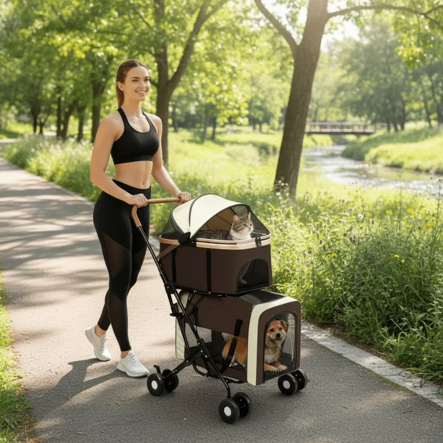 I YAN dual 4-in-1 pet stroller with foldable design, brown color, four wheels, suitable for medium dogs and cats up to 50lbs.