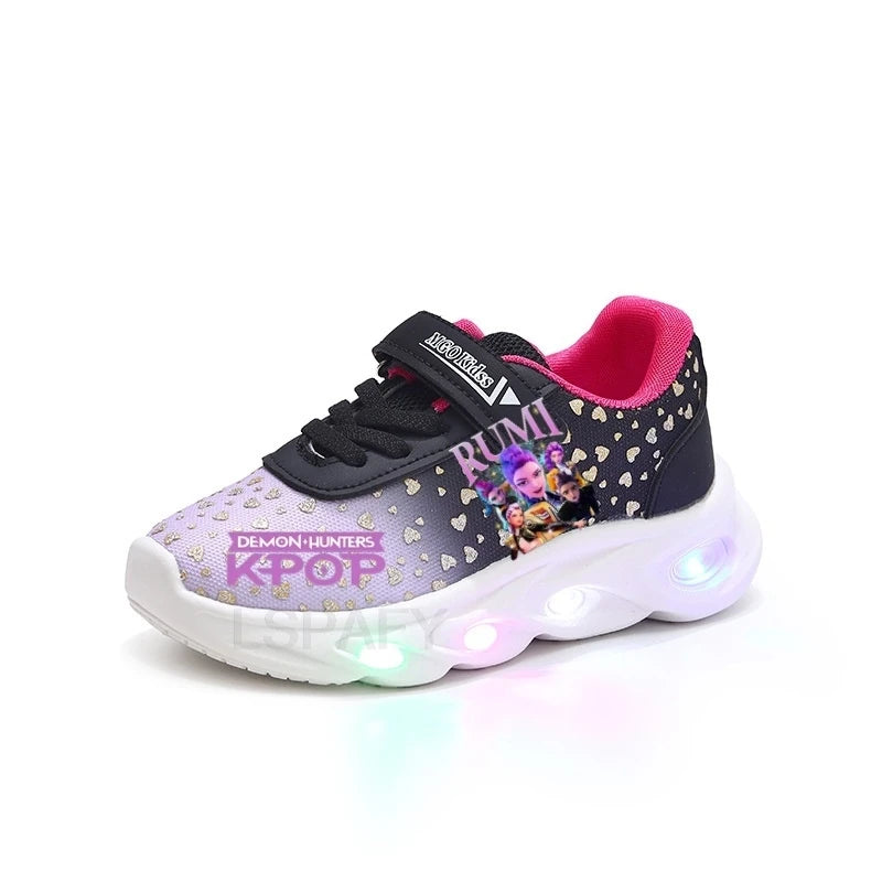 Kpop Demon Hunter LED Light Up Shoes 2026 Spring Autumn Mesh Soft Sole Cartoon Sneakers for Baby Girls Toddlers