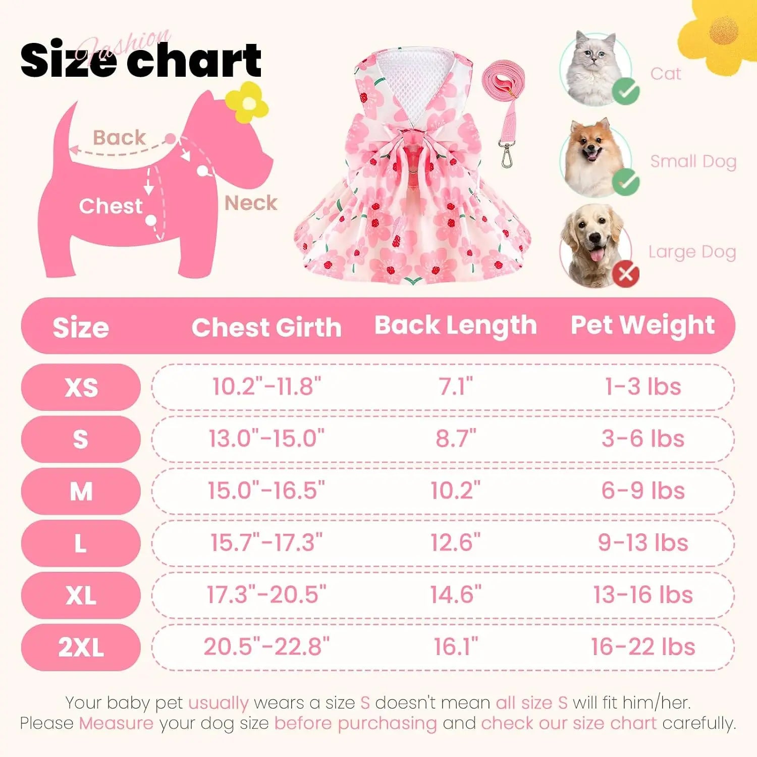 Cute Dog Dress for Small Dogs Summer Floral Puppy Clothes with Bow and Harness Set for Holiday Birthday Party