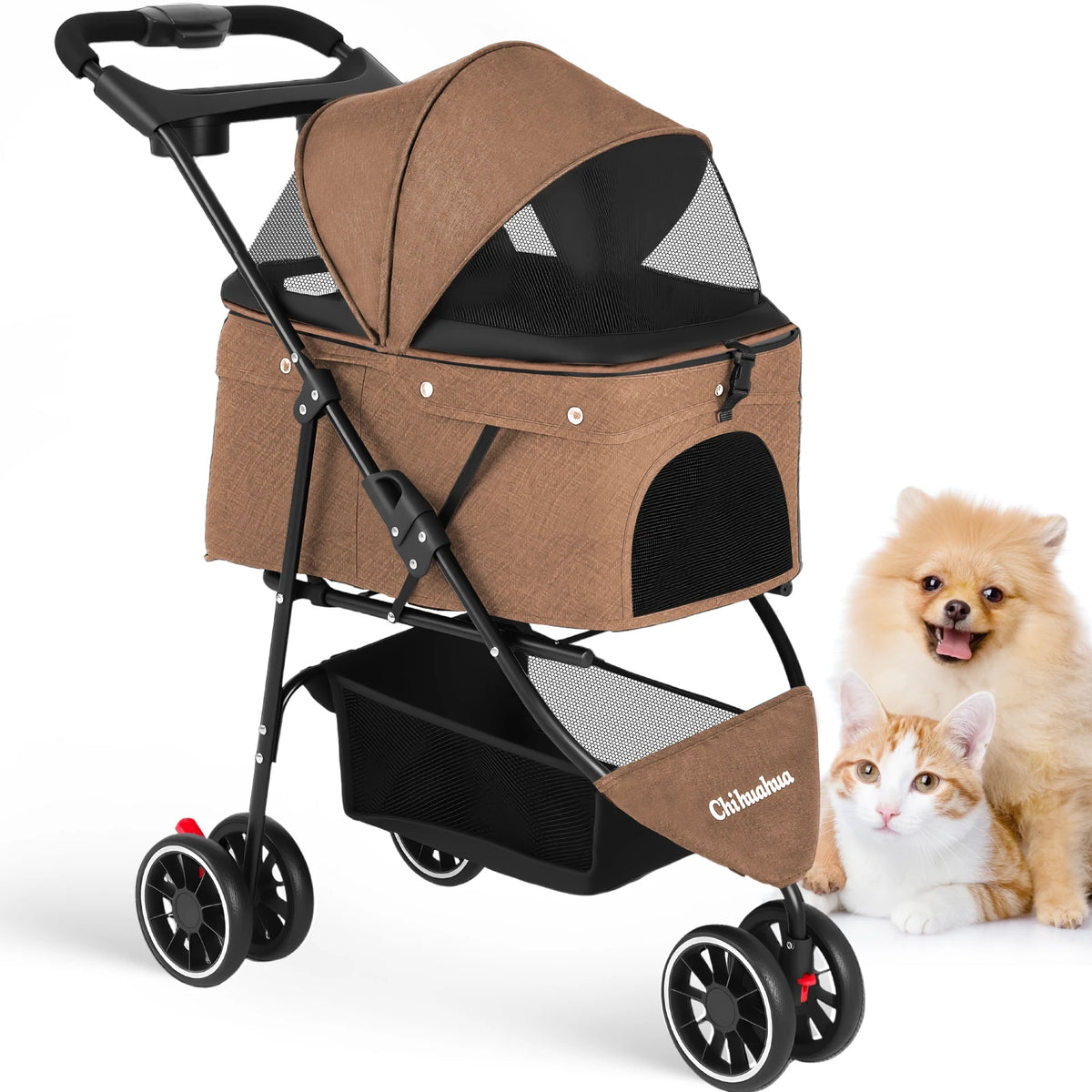 Foldable Pet Stroller by I YAN with three wheels, breathable mesh canopy, suitable for small and medium cats and dogs during outdoor travel.