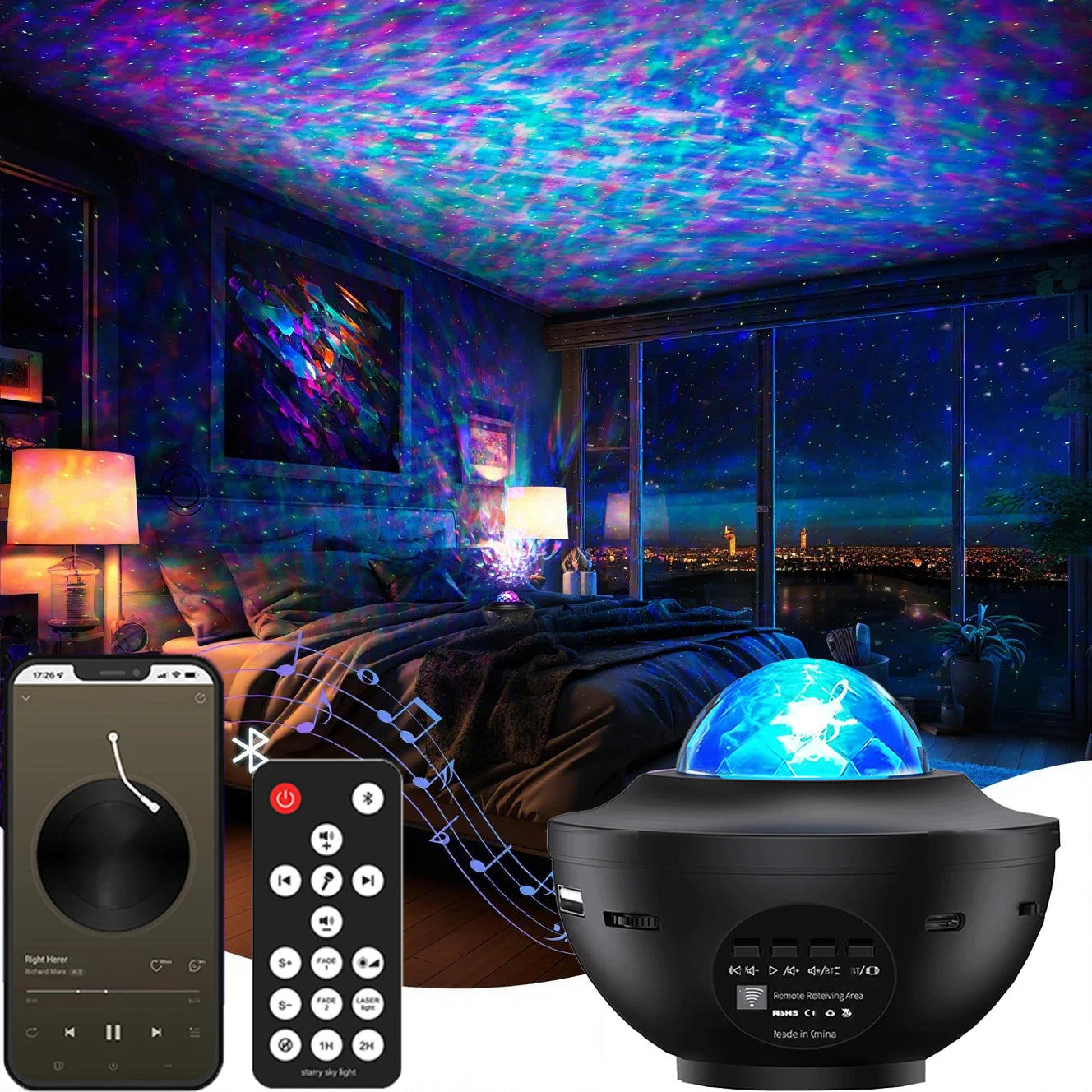 LED Starry Sky Projector Night Light Remote Control Switch USB Music Player Ocean Wave Galaxy Ambient Light Kids Birthday Gift